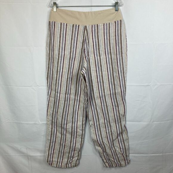 Coldwater Creek Pants Womens Sz 12P Beige Stripe 100% Linen Pull On Straight Leg - Picture 3 of 9